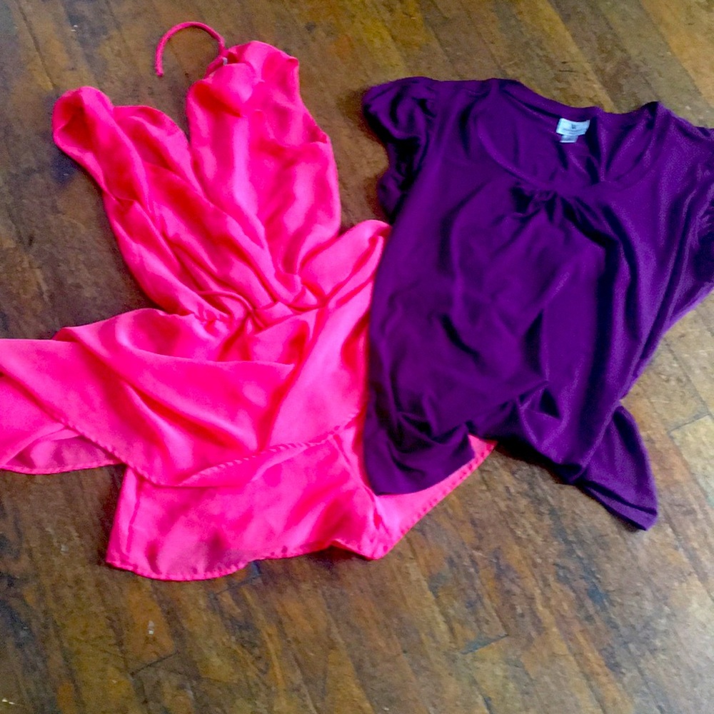 One onesie dress and purple silk blouse